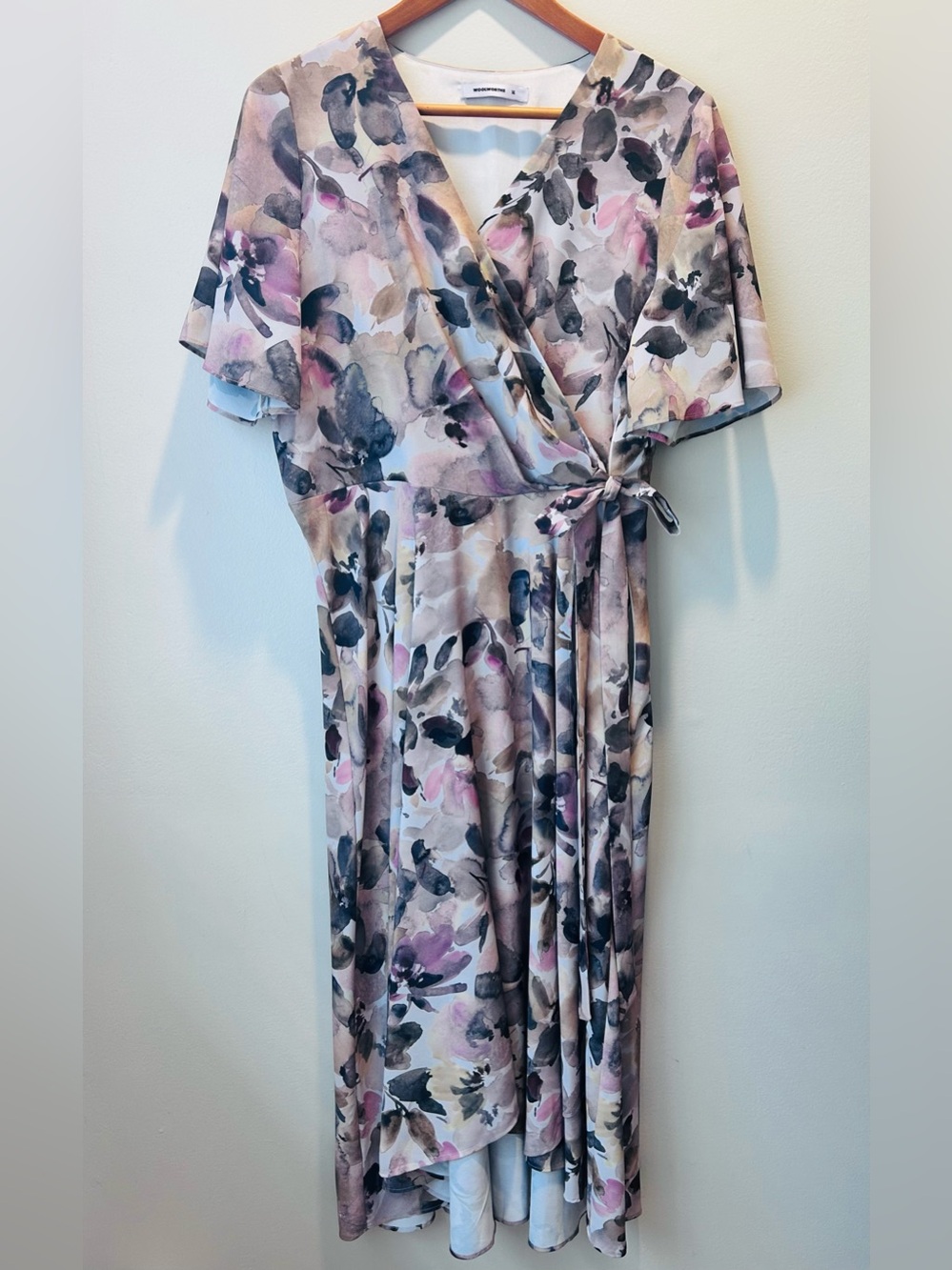 Watercolor Floral Wrap Midi Dress in Blush and Purple